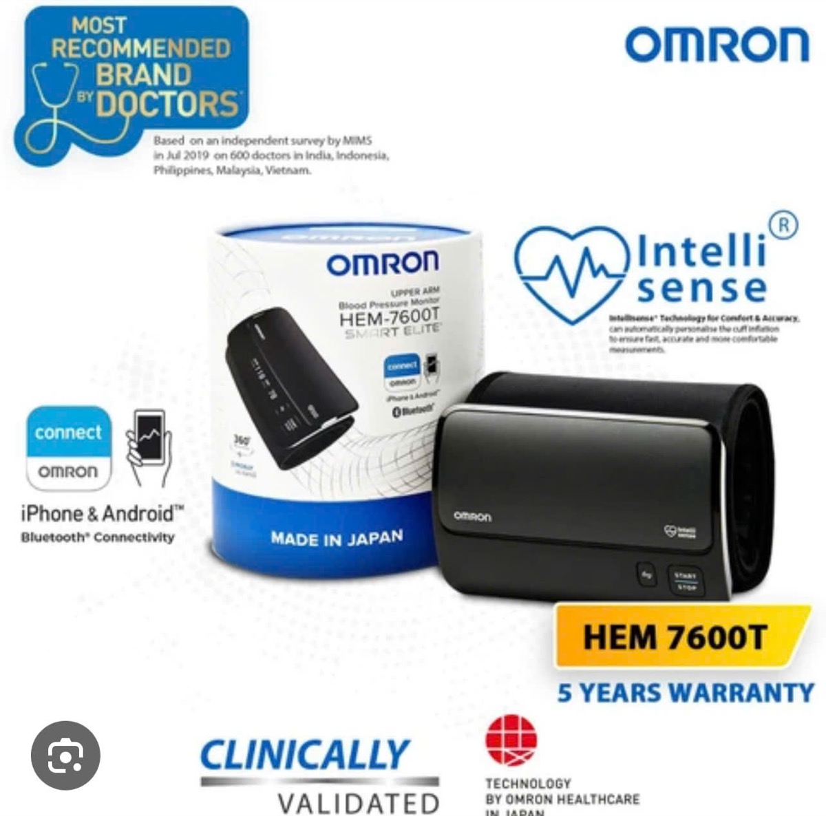 OMRON HEM-7600T Smart Elite+ — Most Recommended by Doctors · 5 Years Warranty · Made in Japan